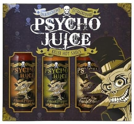Psycho Juice Ghost Pepper Hot Sauce Gift Set – 3 x 148ml (Roasted Garlic, Chipotle, Mustard Ghost Pepper) – Very Hot Chilli Sauce Gift Box – Spicy Food Gift for Chilli Lovers