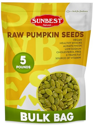 Sunbest Natural Raw Pumpkin Seeds, 5 lbs – Unsalted & Shelled – Bulk Bag, Whole Pepitas, Pumpkin Seeds to Eat – For Snacking, Baking & Topping – Rich in Essential Fatty Acids, Iron & Protein (80 oz)