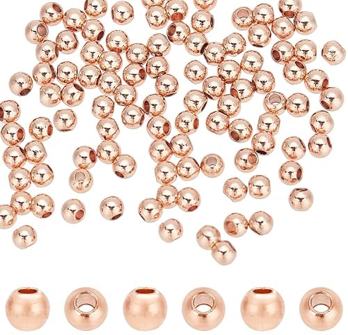 PandaHall Elite 100 Stück Runde Zwischenperlen aus Messing, Rose Gold Perlen Nahtlose Glatte Lose Perlen Bastelmaterial für den Sommer Halsketten, Armbänder, Ohrringherstellung, 3mm