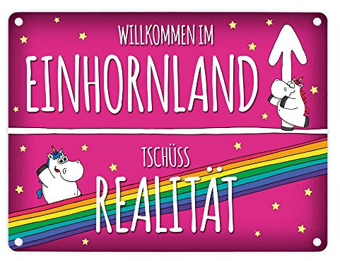 Honeycorns Metallschild mit Einhorn Stadtschild Motiv und Spruch: Willkommen im Einhornland Aluminiumschild Blechschild Werbeschild Türschild Warnschild Stadt Einhornland Realität Willkommen Unicorn