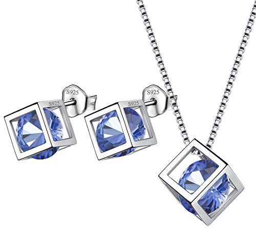 Aurora Tears Dezember Birthstone Halskette Ohrstecker 925 Sterling Silber Tansanit Quadrat Geburtsstein Schmuck Set Geschenke für Frauen und Mädchen DS0028U