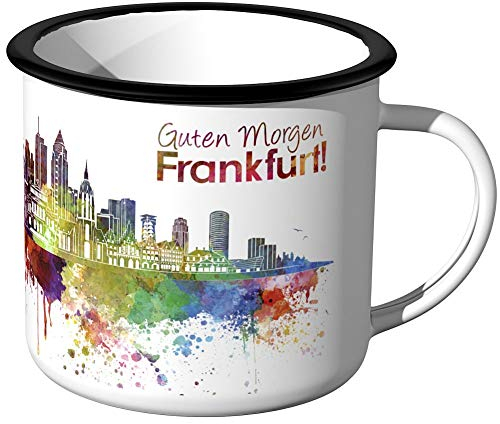 JUNIWORDS Emaille-Tasse, Guten Morgen Frankfurt, Skyline Aquarell, Schwarzer Tassenrand