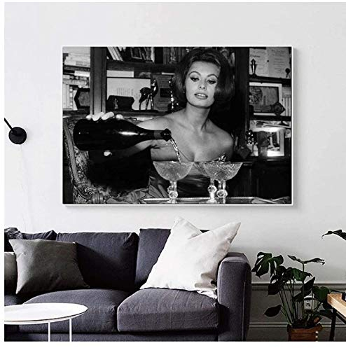 MGSHN Sophia Loren Gießen Champagner auf Silvester Globe Poster Kunst Bild Leinwand Malerei Wandkunst Schlafzimmer Dekoratives Geschenk 60x90cm ohne Rahmen