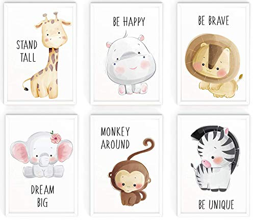 WIETRE 6er Set Bilder Tiere Kinderzimmer Babyzimmer Deko | Bild Junge Mädchen Poster DIN A4 | Waldtiere Safari Afrika Tiere Tierposter Dekoration (mit weißen Rahmen)