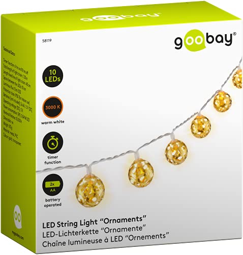 goobay 58119 LED Lichterkette mit Timerfunktion Batteriefunktion – Marrokanische Kugeln zum Aufhängen - Lichterkette für Innenbereich mit 10 LED – Warm-Weiß (3000k) – IP20 – 1,3m, Gold, Transparent
