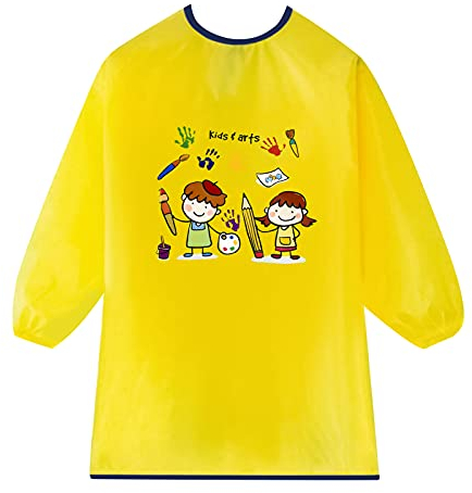 Jinlaili Malschürze Kinder Mit Langen Ärmeln, Wasserdicht Bastelschürze für Mädchen/Junge 3-8 Jahre, Schürze für Schule Malerei Basteln Malen Backen Kochen (Gelb)