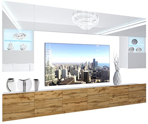 BELINI Wohnwand Vollausstattung Wohnzimmer-Set Moderne Schrankwand mit LED-Beleuchtung Anbauwand TV-Schrank Weiß/Eiche Wotan