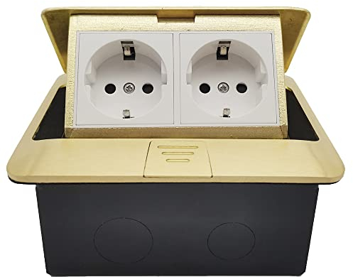 2-fach Bodensteckdose Innen, versenkbare Einbausteckdose für Küche, Arbeitsplatte und Büro, Doppelsteckdose mit Stoßdämpfung, geeignet für Bodenbeläge, Gold
