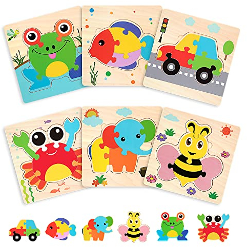 Holzpuzzle für Baby Kinder, 6 Stück Montessori Steckpuzzle Pädagogisches Spielzeug ab 1 2 3 Jahr für Jungs Mädchen, Puzzlespiel Set Geschenk Bunte Tierpuzzle