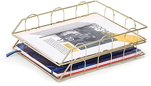 Exerz Letter Trays 2pcs Stackable Paper Sorter/Desk Organiser/File Holder - Wire Metal Golden Colour