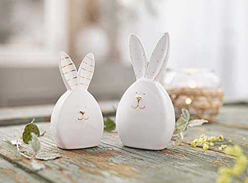 2X Dekofigur Hase aus Porzellan, Hochglanz weiß/Gold, Osterhasen, Dekohasen, Osterdekoration