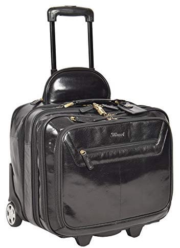 Real Leather Pilot Case Travel Laptop Bag on Wheels Telescopic Handle HOL15 (Black)