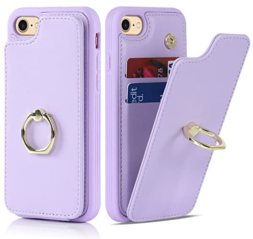 Cavor Phone Case compatible with iPhone 7/8/SE 2020/SE 2022 Case With Card Holder,Flip Folio Leather Wallet Case,Magnetic Ring Kickstand Shockproof Cover Case - Purple