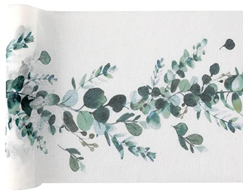 Tischläufer Tischdecke Tischband mit Eukalyptus Blättern Botanical Natural Living in weiß & grün Tisch-Dekoration Frühling Sommer Ostern Hochzeit 3 Rollen = 9m
