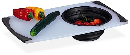Relaxdays Tagliere da Lavandino con Colino, ASSE 2in1 Cucina, 50x29 cm, Taglia Frutta e Verdura sopra al Lavello, Nero
