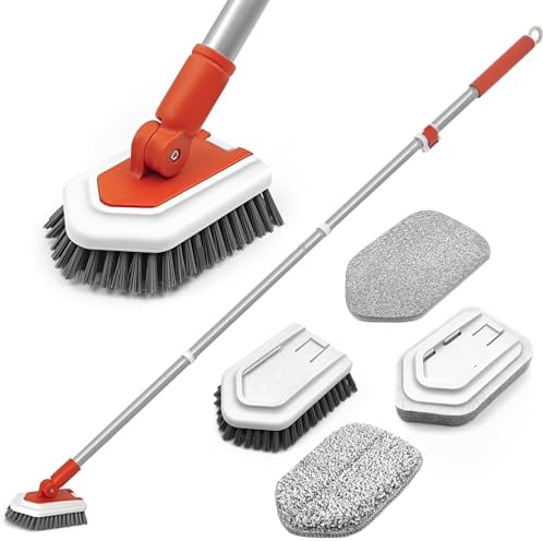 JEHONN Cepillo Limpieza Ducha con Mango Largo, 4 en1 Limpia Azulejos Pared Cocina, Baño, Bañera, Suelo, Zócalo (Rojo)