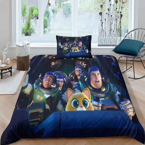 HITBOD Buzz Lightyear 3D Gedruckter Bettwäsche + Kissenbezug Bettbezug Set Toy Story Deckung Set Mit Reißverschluss Weich Mikrofaserbettwäsche 3teilig Single(135x200cm)
