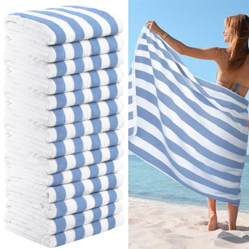 VitalCozy 16 toallas de playa de algodón para piscina, 30 x 70 pulgadas, toallas de playa de rayas cabaña, toallas de playa básicas de gran tamaño, toallas turcas de piscina, toalla de baño para