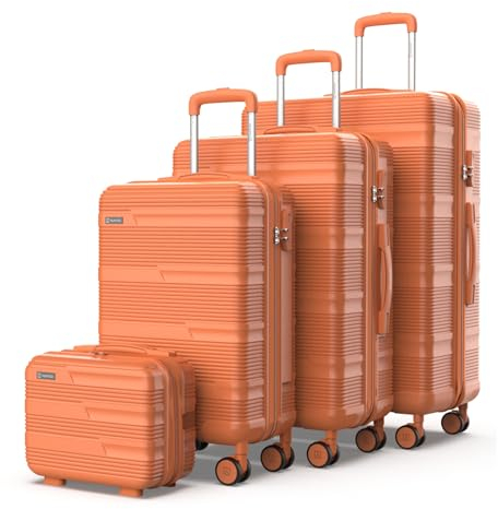 NUMADA - Juego de Maletas de Viaje 4 pzs Upfly T10 ABS. Cabina 55x40x20, Mediana 60L, Grande 78L y Neceser Compartimentado | Naranja