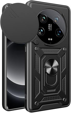 ESTH® Case for Xiaomi 14 Ultra with Slide Camera Cover, Military Grade Shockproof Protective Cover with Rotatable Metal Ring Kickstand [Support Magnetic Car Mount], Black