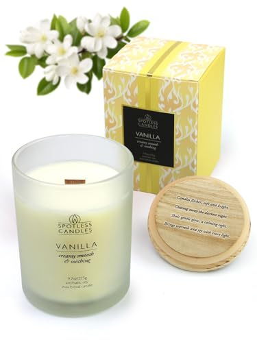 Vanillekerze – 9,7 oz/275 g Vanille-Duftkerze in cremefarbenem Milchglas mit Holzdeckel und knisterndem Holzdocht in einer luxuriösen Geschenkbox – cremig, geschmeidig und beruhigend
