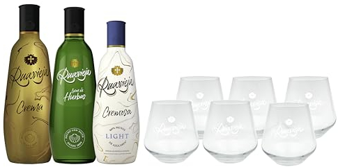 Ruavieja Pack Licor de Hierbas 1L + Crema de Orujo 1L + Cremosa Light 700ml y 6 Vasos de Regalo