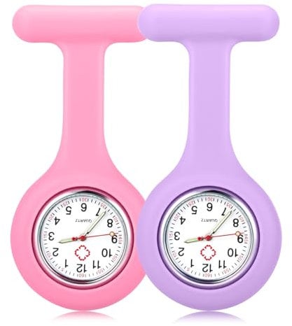 Anpro Silicone Nurse Watch with Brooch Pocket Clip, Glow in The Dark, 2 Pack Fob Medical Watches for Doctors, Paramedics, Nurses - Pink and Purple