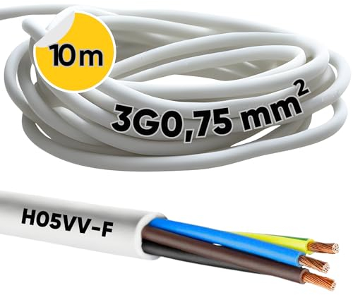 Kalitec H05VV-F - Tubo flessibile da 10 metri, 3 x 0,75 mm², 3 G0,75 mm2 con conduttore di protezione, cavo in PVC per interni, cavo elettrico bianco, cavo per lampada, flessibile, cavo per