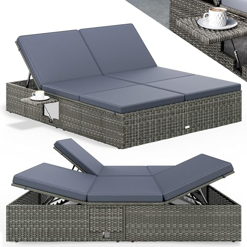 Casaria® Chaise Longue XL Gris Anthracite extrémités réglables Bain de Soleil 2 Places polyrotin Chaise d'extérieur transat