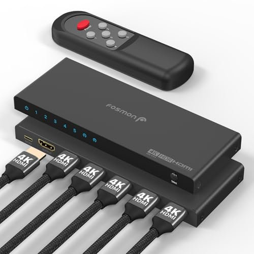 Fosmon 5-Port HDMI 4K Switch with Remote, Support 4K@60Hz HDCP 2.2 High Speed 18Gbps 5 in 1 Out Auto-Switching 5x1 HDMI 2.0 Switcher Splitter Hub Compatible with PS5, Xbox X, Apple TV