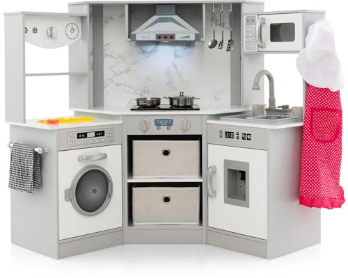 COSTWAY Cuisine Enfant avec 16 Accessoires & Son & Lumière, Cuisine d’Angle en Bois avec Distributeur d'eau & Machine à Laver, Micro-Ondes pour Enfants de 3 Ans+, 102 x 51 x 85 cm