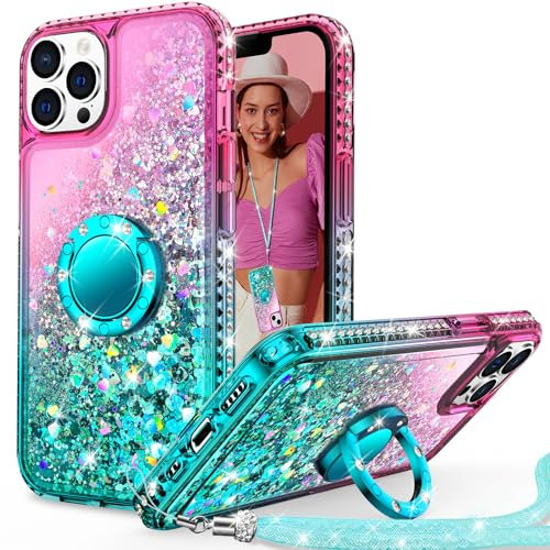 Unlicaku for iPhone 13 Pro Max Case with Stand, Sparkle Glitter Case with Ring and Lanyard, Women Girls Luxury Cute Bling Diamond Protective Phone Cover for iPhone 13 Pro Max, Green