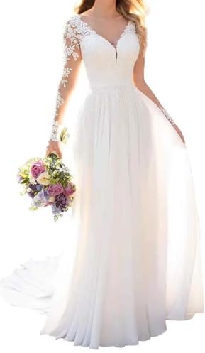 YIANN Women's Long Sleeve Wedding Dress Plus Size V-Neck Lace Appliques Chiffon A-Line Beach Bridal Gowns White UK28