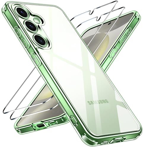 ivoler Nie Vergilbung Klar Hülle für Samsung Galaxy S24 5G, 1 Handyhülle mit 2 Stück Panzer Schutz Glas, [Militärischer Schutz] Stoßfest Transparent Schutzhülle Dünn Durchsichtige Case (Grün)