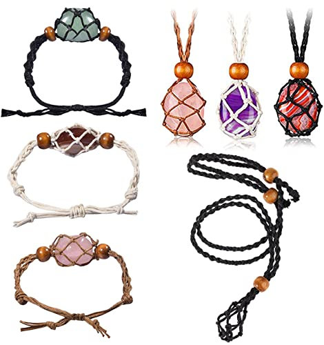 TAIZER 6 Pieces Necklace Cord Empty Stone Holder Empty Cord Necklace Stone Holder Adjustable Retro Braided Cage Fish Netted Necklace Cord Replacement Rope Necklace Stone Necklace DIY Bracelet Cord