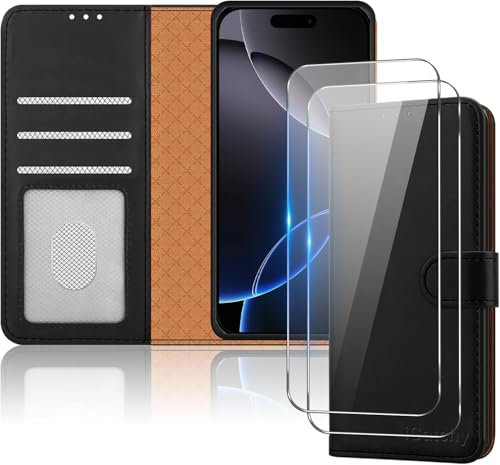 iCatchy for iPhone 16 Pro Case (6.3 Inch) Case with 2x Screen Protector Leather Magnetic Flip Cover Card Holder Kickstand Feature Full Protection Phone Cover Compatible with iPhone 16 Pro (Black)
