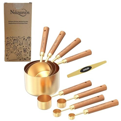 NAZANIN 9-Piece Premium Gold Stainless Steel and Natural Acacia Wood Measuring Set, Kitchen Measuring Cups and Spoons Set with Leveler, Kitchen Measuring Set of Cups and Spoons for Cooking and Baking