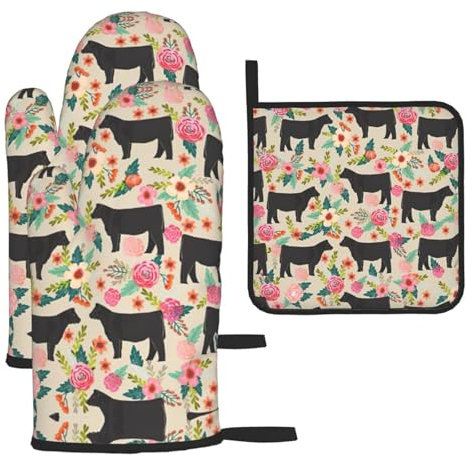 Set di guanti da forno e presine con motivo floreale rosa, extra lunghi, resistenti al calore, regalo per cucina, confezione da 3