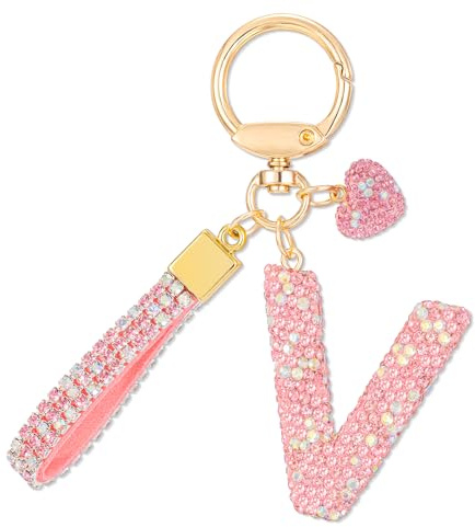 MWOOT Rose Voiture Porte clés Cadeau pour Femmes Filles Initial Lettre Porte-clés Mignon Bling Lettre Pendentif pour Sac à main Charms, Lettre V