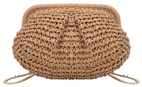 Risipu Straw Clutch Purse for Women Woven Dumpling Clutch Raffia Bag Straw Beach Bag Shoulder Handbag (Brown)