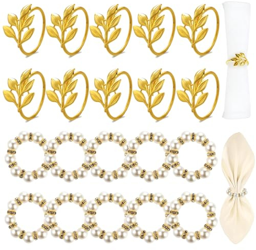20 Stück Serviettenringe Gold,Servietten Ringe mit Perlen,Servietten Ringe Blatt Set,Metall Serviettenring Halter,Schnallen Weidenblattform für Tischdekoration(Gold, Weiß)