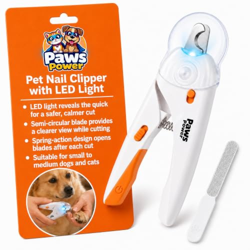 Paws Power LED Cat Dog Nail Clipper with Light, Illuminates Nails or Bloodline for Safe and Easy Trimmers, Extra Sharp for Thick Nails, Quick Sensor, Avoid Over Cutting Toenail, for Cats & Dogs White