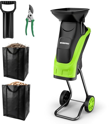 WORKPRO 2500 W Electric Garden Shredder with Pruning Shears | 44 mm Cutting Capacity, 4300 RPM, 2×45L Bags, Wood Chipping, Garden Waste Shredder