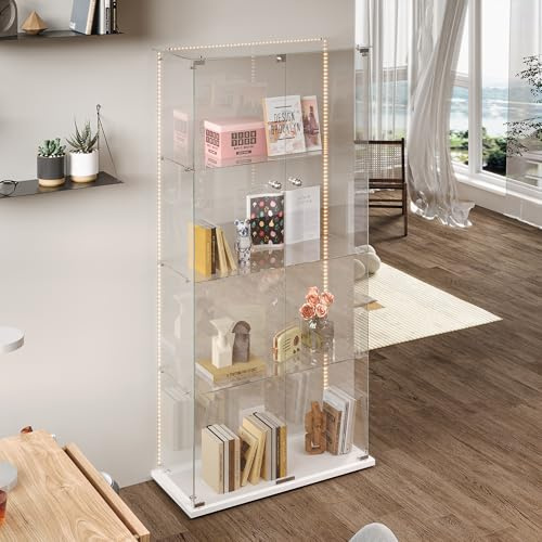 JYNVO Vitrine en verre trempé à quatre couches, vitrine en verre transparent avec éclairage, vitrine avec portes en verre, vitrine sur pied en verre, vitrine avec serrure, blanc (blanc D, double porte