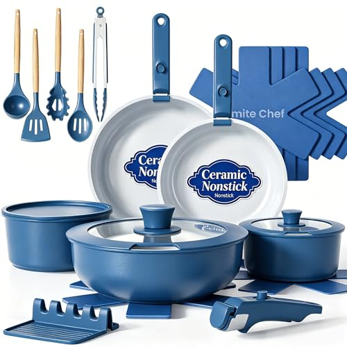 Umite Chef Pots and Pans Set Non Stick, 21 pcs Ceramic Cookware Set with Detachable Handles, Healthy Induction Cookware Oven Safe RV Kitchen Cooking Set with Utensils, PFAS PFOA & PTFE Free, Navy