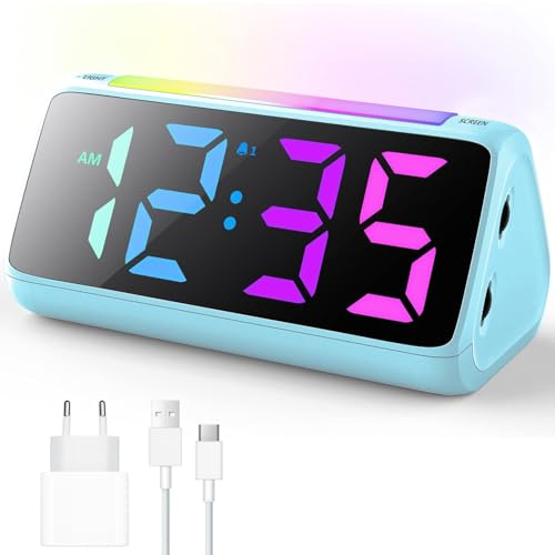 Wecker Digital, Digitaler Wecker Kinder mit Licht, Bunter LED Anzeige, 0-100% Helligkeitsdimmer, 2 Alarme, Snooze, 3 Lautstärke, USB Ladeanschluss, Kinderwecker für Schlafzimmer, Netzstrombetrieb
