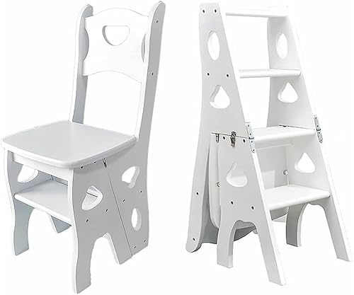 marchepied Escabeau en Bois 4 marches, Chaise échelle Pliante multifonctionnelle avec siège, étagère Portable, présentoir for la Maison, Le Bureau et la Cuisine Pliable(Wit)