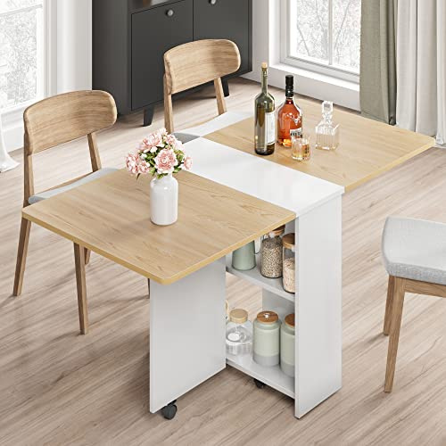 Litake Moderner Klapptisch Esstisch mit 2 Ablagefächern und 6 Rollen – Platzsparend für Küche, Esszimmer oder Büro – Helles Holzdekor Klappplatte + weißer Korpus, 120×60×75 cm