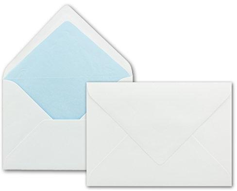 100 x Briefumschläge in weiss mit hell-blauem Seidenfutter, DIN B6 12,5 x 17,6 cm, Nassklebung ohne Fenster - Ideal für Hochzeits-Einladungen Grußkarten Weihnachtskarten