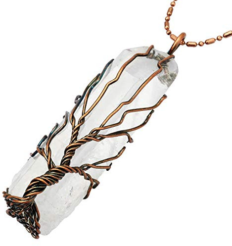 mookaitedecor Natural Healing Crystal Clear Quartz Tree of Life Crystal Point Necklace Men Women, Vintage Boho Wire Wrapped Pendant Semi Precious Stone Reiki White Raw Crystal Necklace Jewellery Gift